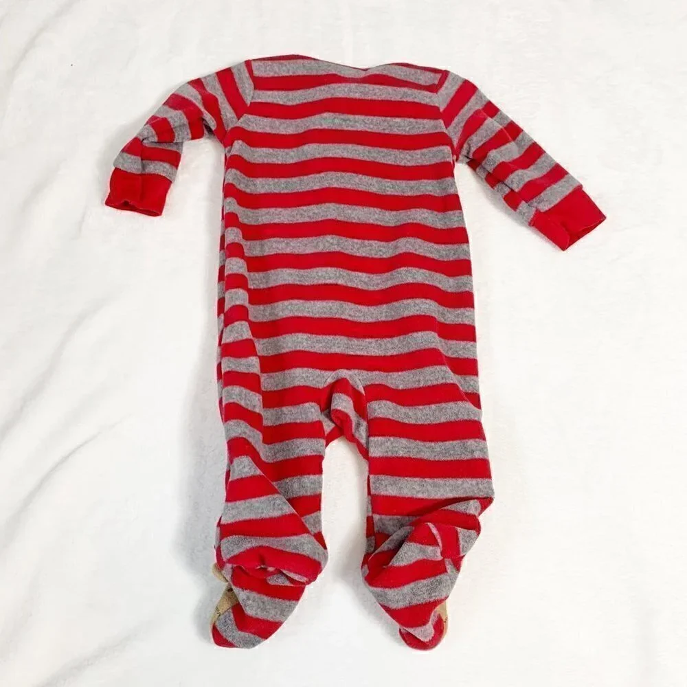 5/$25 Carters Baby Red Gray Striped‎ Moose Fleece Footed Sleeper 0-3M